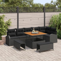 Ensemble de salon de jardin 9 pièces avec coussins Noir Poly Rattan Acacia Canapé de jardin 2 places avec coussins Noir 3362404