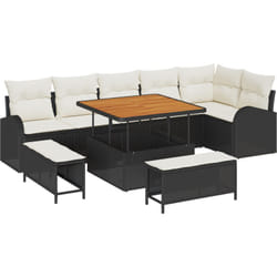 Ensemble de canapé de jardin 9 pièces avec coussins en poly rotin noir, Canapé de jardin 2 places avec coussins en rotin noir, Ensemble de salle à