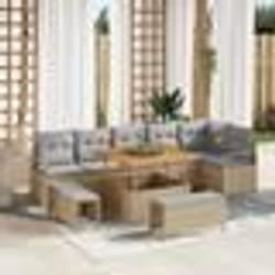 vidaXL Ensemble de Canapé de Jardin 9 Pièces avec Coussins Beige Rattan Poly Acacia 3362537