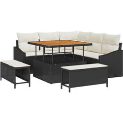 Ensemble de Canapés de Jardin de 8 Pièces avec Coussins en Rotin Poly Noir Acacia, Canapé de Jardin 2 Places avec Coussins en Rotin Poly Noir,