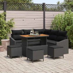 vidaXL Ensemble de canapé de jardin avec coussin 9 pcs Noir Poly rotin