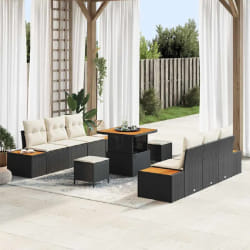 Canapé de Jardin 9 Pièces avec Coussins Noir Rattan Poly Acacia
