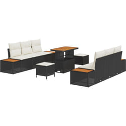 Canapés de jardin 9 pièces avec coussins Noir Poly Rattan Acacia, Salle à manger de jardin 3 pièces avec coussins Noir Poly Rattan Acacia Vidaxl