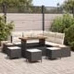 Set de 9 Canapés de Jardin avec Coussins Noir Poly Rattan Acacia