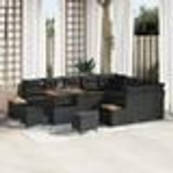 Set de canapé de jardin de 12 pièces avec coussins en poly rotin noir et acacia Set de salle à manger de jardin 3 pièces 3362954