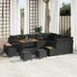 Canapé de jardin 13 pièces avec coussins en rotin poly noir