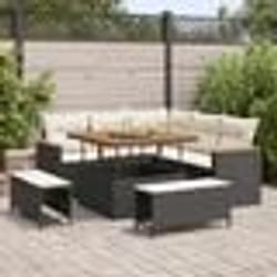Canapé de jardin 8 pièces avec coussins noir poly rotin acacia