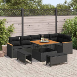 vidaXL Ensemble de canapé de jardin avec coussin 9 pcs Noir Poly rotin