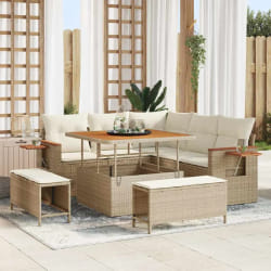 Canapé de Jardin 8 Pièces avec Coussins Beige Rattan Poly Acacia
