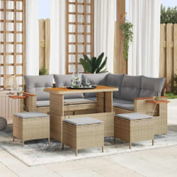 Set de canapés de jardin 9 pièces avec coussins Beige Poly Rotin Acacia