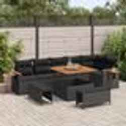 Canapés de Jardin 9 Pièces avec Coussins Poly Rotin Noir Acacia