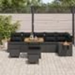 Ensemble de Canapé de Jardin 9 Pièces avec Coussins Noir Rattan Acacia