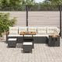 Canapé de jardin 9 pièces avec coussins Noir Poly Rattan Acacia