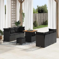 Canapé de jardin 9 pièces avec coussins Noir Rotin poly Acacia