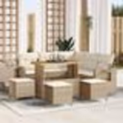 Canapé de jardin 9 pièces avec coussins beige poly rotin acacia