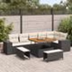 Canapé de Jardin 9 Pièces avec Coussins Noir Poly Rattan Acacia