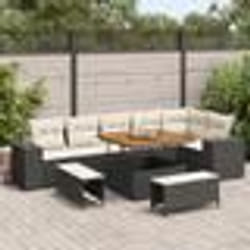 Canapé de Jardin 9 Pièces avec Coussins Noir Poly Rattan Acacia