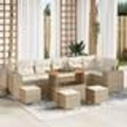 Canapé de jardin 10 pièces avec coussins en poly rotin beige et acacia