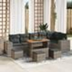 Set de 10 pièces canapé jardin gris poly rattan acacia