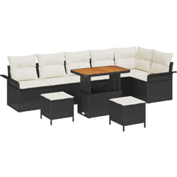 Ensemble de canapés de jardin 9 pièces avec coussins Noir Poly Rattan Acacia, Canapé de jardin 2 places avec rangement et coussins Noir Poly Rattan,