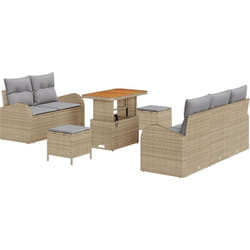 Ensemble canapé jardin 8 pièces avec coussins beige en poly rotin acacia, Canapé jardin 2 places avec rangement et coussins beige en poly rotin,