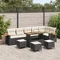 Canapé de jardin 10 pièces avec coussins Noir Poly Rattan Acacia