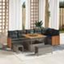 Ensemble de canapé de jardin 9 pièces avec coussins gris poly rotin acacia