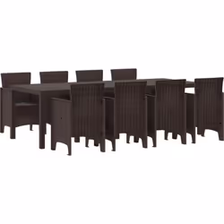 Cet ensemble de salle à manger est fabriqué en poly rattan résistant. Il contient une grande table rectangulaire et huit chai ...