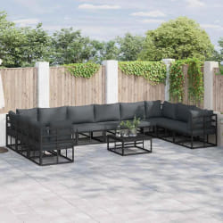 vidaXL Ensemble de canapé de jardin avec coussin 11 pcs Noir Aluminium
