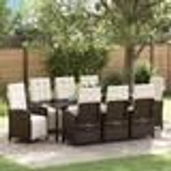 vidaXL Set de salle à manger de jardin 9 pièces avec coussins en poly rotin marron