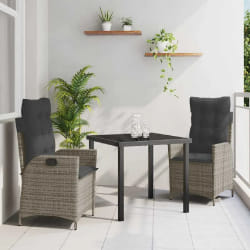 vidaXL ensemble de dîner de jardin 3 pièces avec coussins gris en rattan poly.