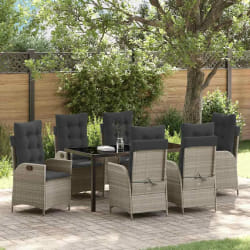 vidaXL ensemble de dîner de jardin 7 pièces avec coussins gris clair en rattan poly.