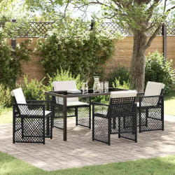 Ensemble de salle à manger de jardin 5 pièces avec coussins en poly rotin noir