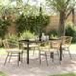 vidaXL Set de repas de jardin de 5 pièces avec des coussins marron en poly rattan.