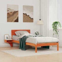 vidaXL Lit plateforme en pin 90 x 190 cm - Brun ciré. En bois massif avec tête de lit intégrée et tables de chevet 873471