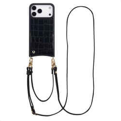 Coque adapté à Apple iPhone 17 Pro Max - Selencia Coque de télephone Nova Croco avec cordon et porte-cartes - Noir