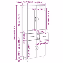 Haut Armoire Bois Ancien 69,5 X 34 X 90 Cm Bois D'Ingénierie Vidaxl - Vue supplémentaire 2