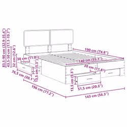 Cadre De Lit Chêne Fumé 140 X 190 Cm Bois D'Ingénierie Vidaxl - Vue supplémentaire 2