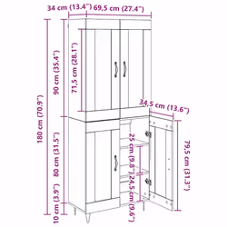 Haut Armoire Chêne Noir 69,5 X 34 X 180 Cm Bois D'Ingénierie Vidaxl - Vue supplémentaire 2