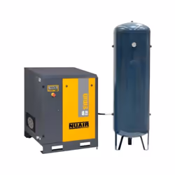 Compresseur d'air à vis avec transmission par courroie POLY-V. Panneaux amovibles facilitant l'accès aux filtres à air et hui ...