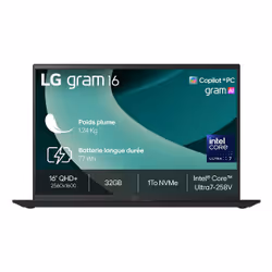 LG Gram 16Z90TL Copilot+ PC Intel Core Ultra 7 258V PC portable 16" WQXGA 32Go RAM 1To SSD Wi-Fi 7 Win11 Noir - Vue supplémentaire 2
