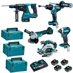 Makita - Lot de 5 machines 18 v Li-Ion avec 4 batteries 5Ah et chargeur rapide double, 3 coffrets Makpac DLX5090PTJ