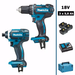 Pack 2 machines 18V MAKITA comprenant : - 1 Perceuse visseuse 18V DDF482 - 1 Visseuse à chocs 18V DTD152 - 3 Batteries BL1850 ...