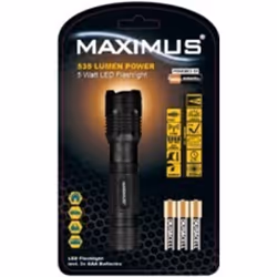 MAXIMUS LED Flashlight 5W 535lm Focus Light Intensity 100%-30% Strobe Blister 100% = 3,7 h 30% = 6,5 h