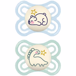 Sucettes-MAM Sucette Perfect Nuit - 2-6 Mois - Silicone - X2 (Modèle : Ours et Dinosaure)