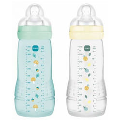 MAM Easy Active 2 Biberons 2ème Âge 330 ml 6 Mois et + Débit Très Rapide - Couleur : Pearl/Vert d'Eau