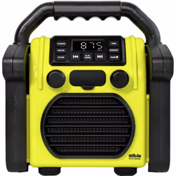enquête Radio de chantier en jaune néon, radio PLL Batterie, BT, aux in USB, éclairage Alarme SOS IP55 Ce texte a été traduit ...