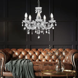 Globo - Lustre cristaux blanc suspension lampe suspension 5 flammes lampe cristal chrome, rideaux cristal, 5x E14, DxH 44x128 cm