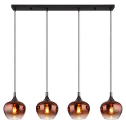 Lampe à suspension, lampe de salon, lampe de salle à manger, lampe de cuisine, plafonnier, métal, verre, couleur cuivre, noir, 4 ampoules E27, h 120