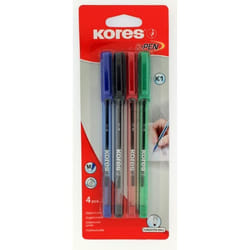 Stylos à Bille - KORES - Lot de 4 - Pointe Médium - Corps Triangulaire - Couleurs Assorties